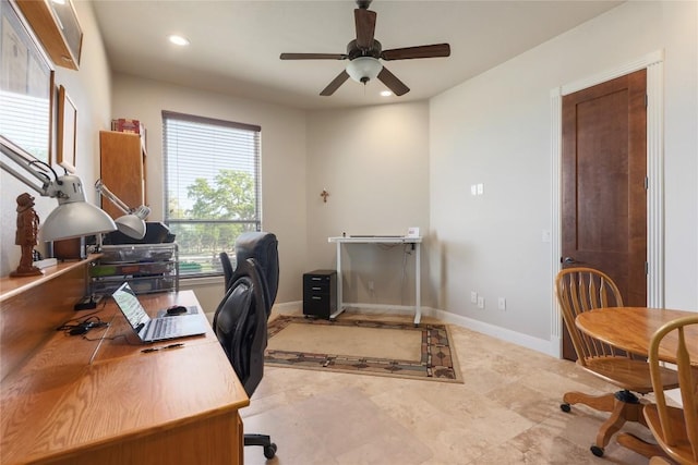 office space featuring recessed lighting, baseboards, and ceiling fan