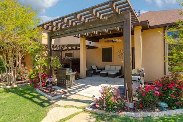 view of patio featuring an outdoor living space, fence, and a pergola