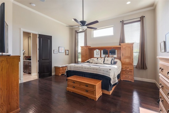 bedroom with dark wood-style floors, baseboards, ornamental molding, and a ceiling fan