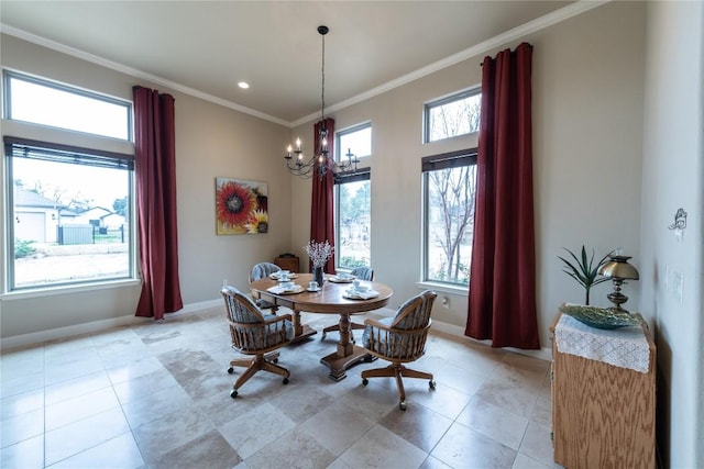 dining room with baseboards, light tile patterned flooring, a notable chandelier, and crown molding