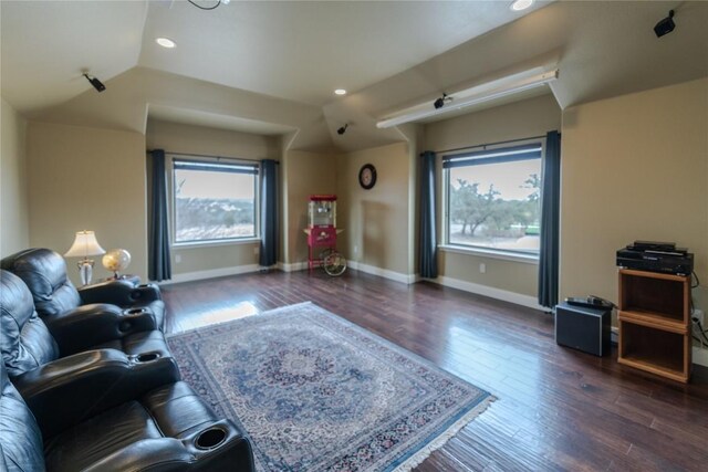 interior space with vaulted ceiling, a healthy amount of sunlight, baseboards, and wood finished floors