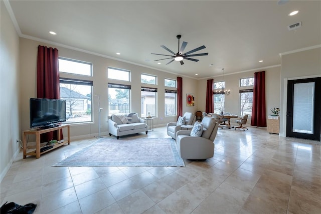 living room with ornamental molding, recessed lighting, visible vents, and baseboards