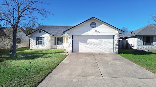 single story home featuring a front yard and a garage