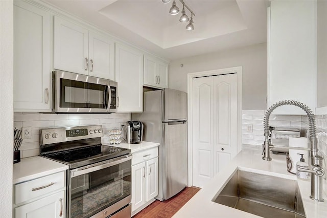 kitchen featuring white cabinetry, sink, a raised ceiling, backsplash, and appliances with stainless steel finishes