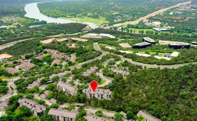 bird's eye view with a water view