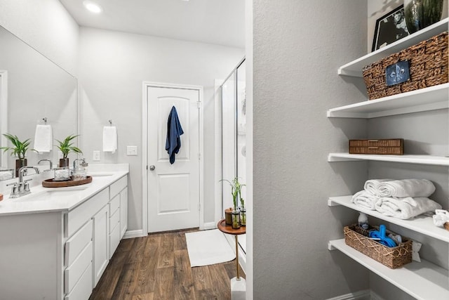 bathroom with wood-type flooring and vanity