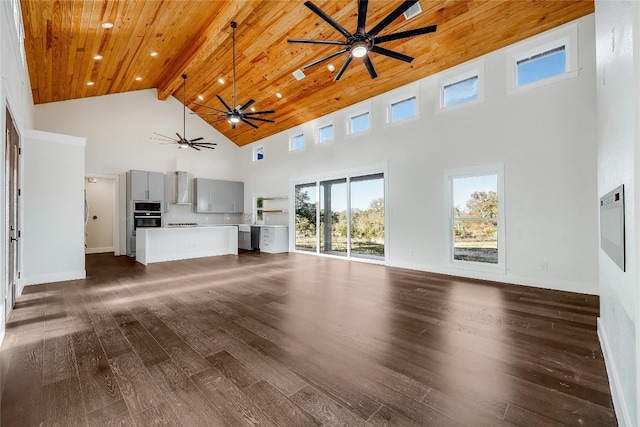 unfurnished living room with dark wood-type flooring, beamed ceiling, a towering ceiling, and wood ceiling