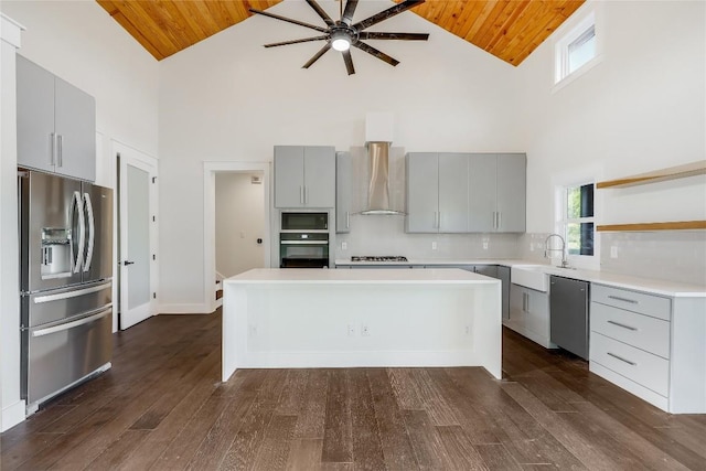 kitchen featuring sink, wooden ceiling, wall chimney range hood, a kitchen island, and black appliances