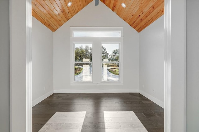 interior space with dark hardwood / wood-style floors, wooden ceiling, and vaulted ceiling