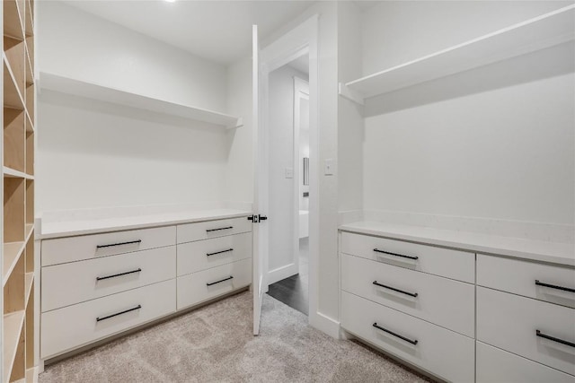 walk in closet featuring light carpet