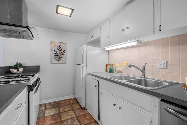 kitchen with decorative backsplash, white cabinetry, white appliances, and sink