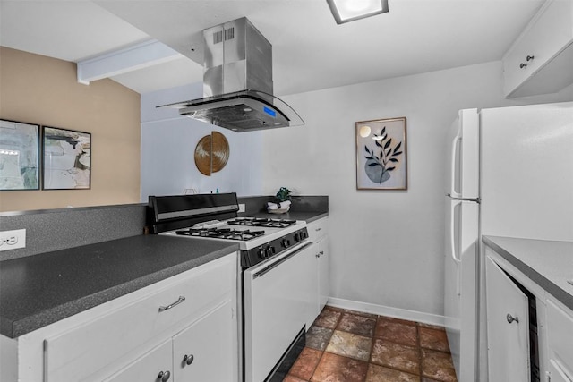 kitchen featuring island exhaust hood, white refrigerator, beamed ceiling, white cabinetry, and range with gas stovetop