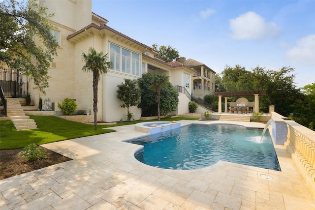 view of swimming pool featuring a pergola, an in ground hot tub, pool water feature, and a patio