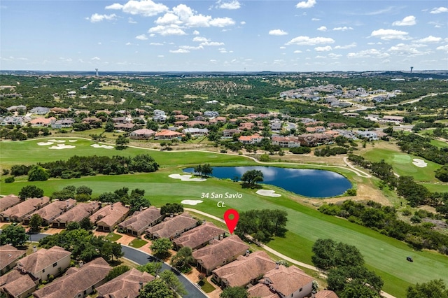 aerial view featuring a residential view, a water view, and golf course view