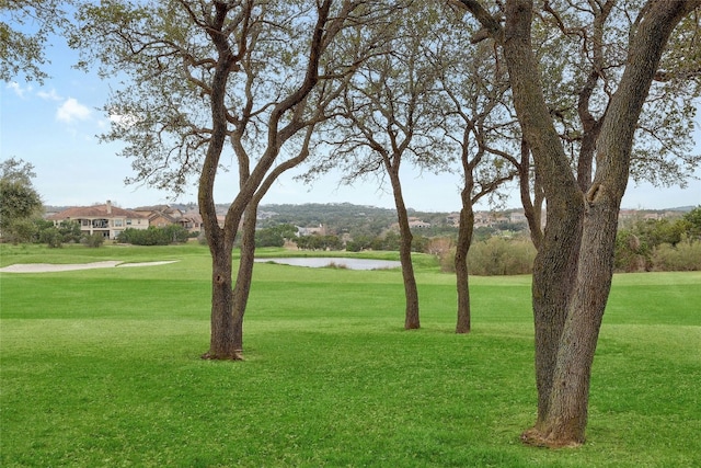 view of property's community with a water view and a lawn