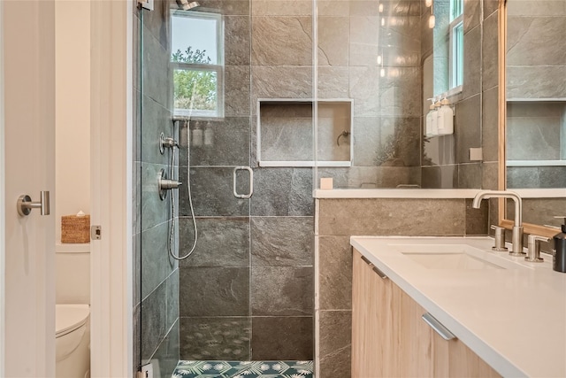 bathroom with vanity, a shower with shower door, and toilet