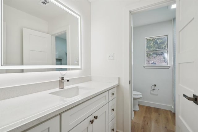 bathroom featuring vanity, wood-type flooring, and toilet