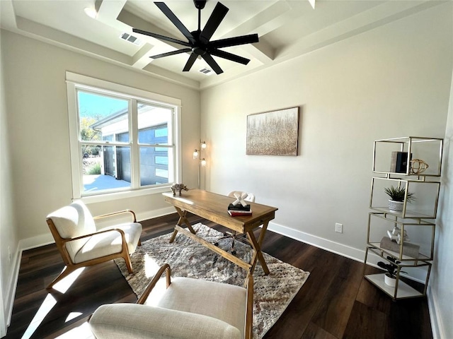 office featuring beam ceiling, ceiling fan, coffered ceiling, and dark hardwood / wood-style floors