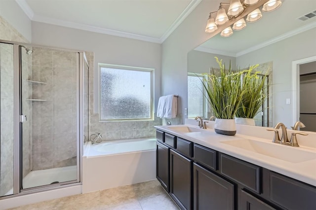 bathroom with plus walk in shower, vanity, tile patterned floors, and crown molding