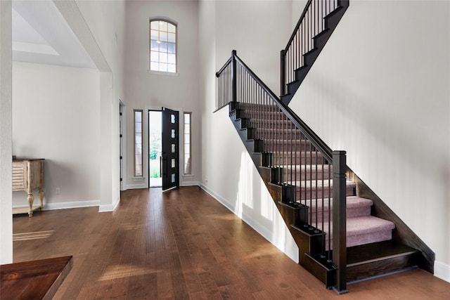 foyer entrance with dark hardwood / wood-style flooring and a high ceiling