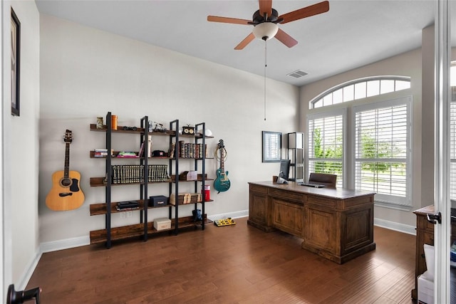 home office featuring ceiling fan and dark hardwood / wood-style flooring