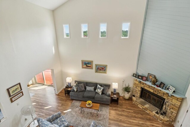 living area featuring a high ceiling, a healthy amount of sunlight, wood finished floors, and a fireplace