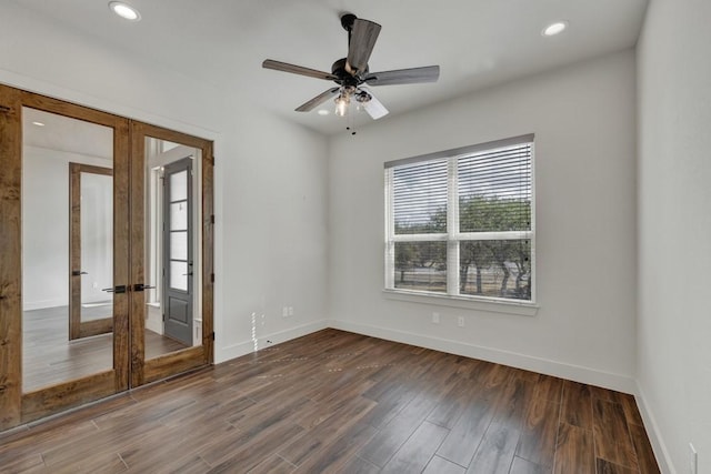 unfurnished room with french doors and ceiling fan