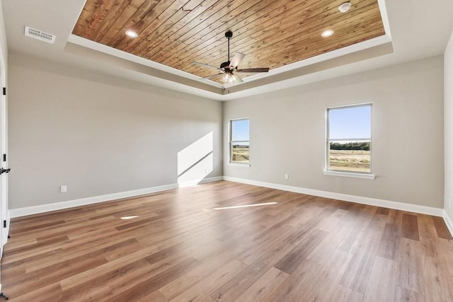 spare room featuring a raised ceiling, a wealth of natural light, and wooden ceiling