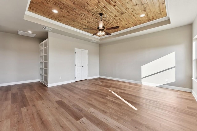 unfurnished room featuring a raised ceiling, ceiling fan, wood ceiling, and wood-type flooring