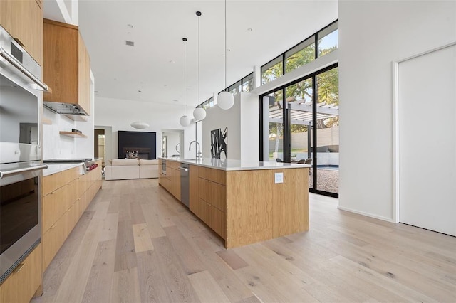 kitchen with stainless steel appliances, a spacious island, sink, light hardwood / wood-style floors, and hanging light fixtures