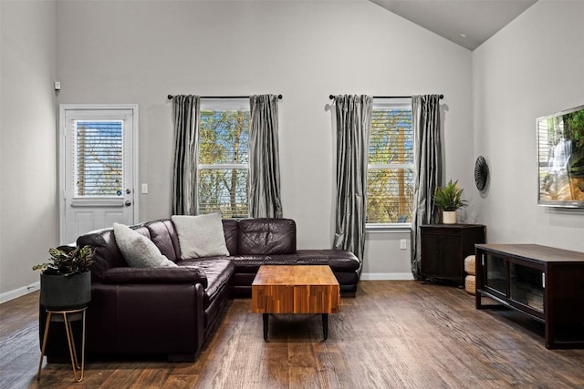 living room with plenty of natural light, dark hardwood / wood-style floors, and high vaulted ceiling