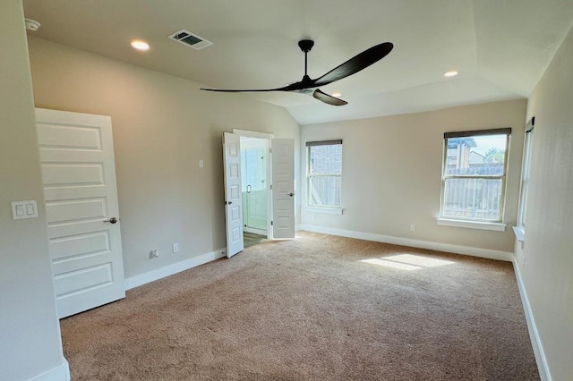125 Millsaps Ct, Bastrop, TX 78602 - carpeted empty room with ceiling fan, lofted ceiling, baseboards, recessed lighting, and a smoke detector