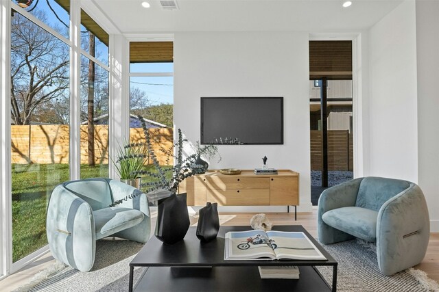 living room with hardwood / wood-style flooring and a wall of windows