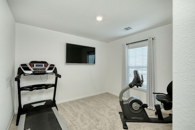 exercise area with light colored carpet