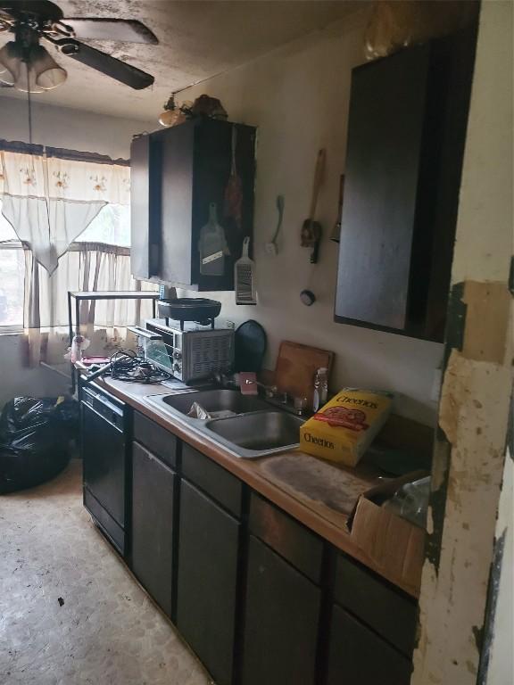 kitchen with ceiling fan, sink, and black dishwasher