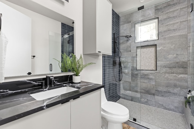 bathroom featuring vanity, a shower with door, and toilet