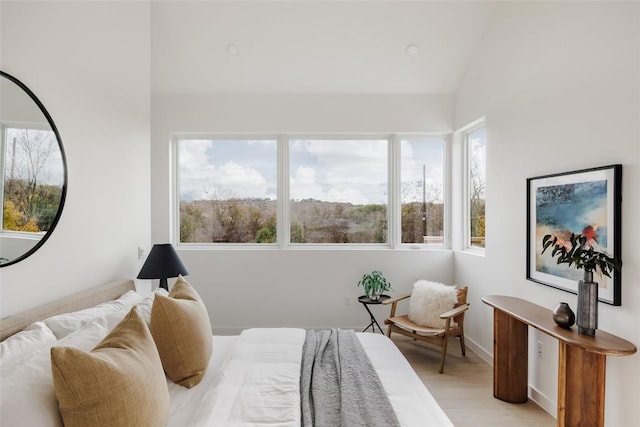 bedroom with light hardwood / wood-style floors and lofted ceiling