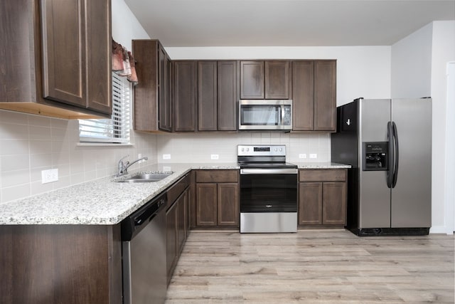 kitchen with decorative backsplash, dark brown cabinetry, stainless steel appliances, and sink