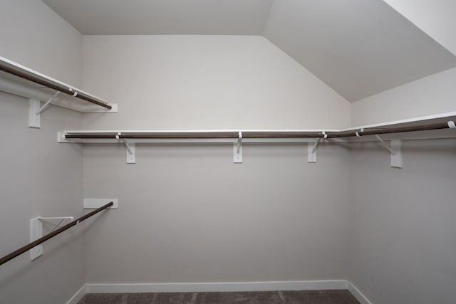 walk in closet featuring dark carpet and lofted ceiling