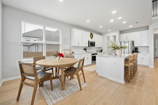 kitchen featuring a center island, white cabinets, light wood-type flooring, tasteful backsplash, and stainless steel appliances