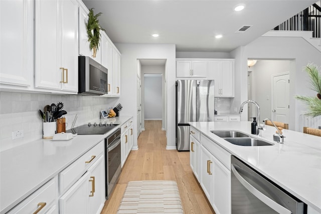 kitchen with decorative backsplash, sink, white cabinets, and appliances with stainless steel finishes