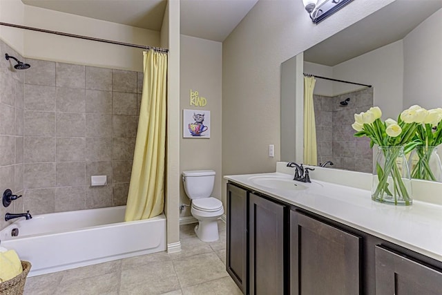 full bathroom with shower / bathtub combination with curtain, tile patterned flooring, vanity, and toilet