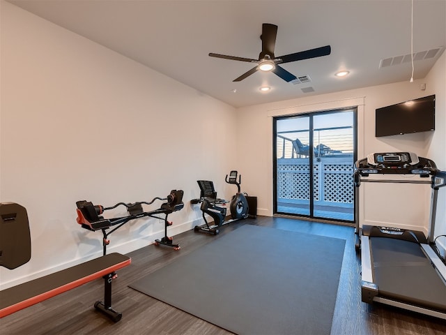 exercise area with ceiling fan and dark wood-type flooring