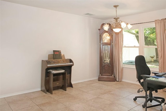 office with light tile patterned floors and a notable chandelier