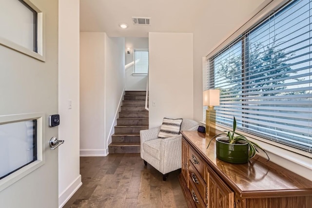 sitting room featuring a wealth of natural light and dark hardwood / wood-style flooring