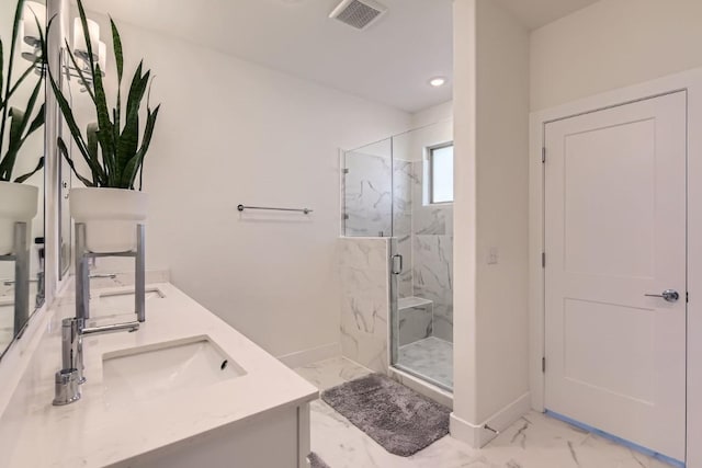 5315 La Crosse Ave Unit 24, Austin, TX 78739 - bathroom featuring marble finish flooring, a marble finish shower, double vanity, and recessed lighting
