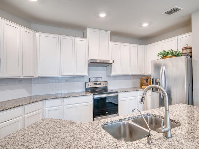 kitchen featuring white cabinetry, under cabinet range hood, visible vents, stainless steel appliances, and a sink