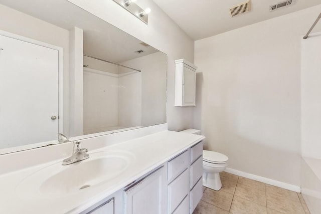 bathroom with tile patterned flooring, vanity, toilet, and walk in shower