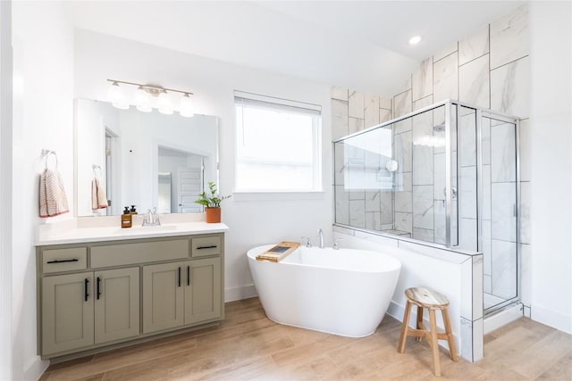 bathroom featuring vanity, plus walk in shower, and wood-type flooring