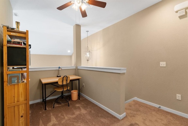 office space featuring ceiling fan and carpet floors